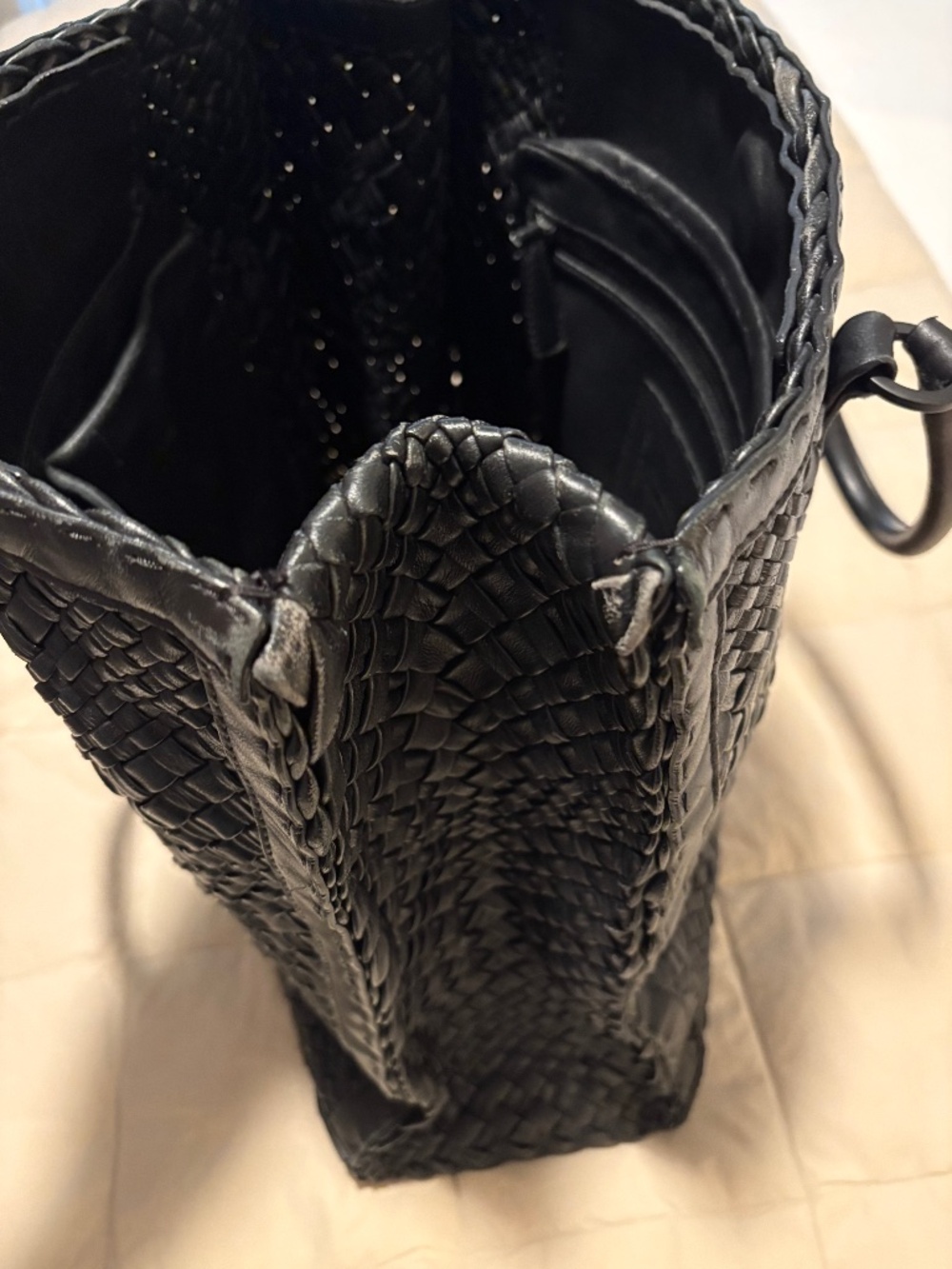 *FIRM PRICE* Falor ITALY Woven Black Leather Tote Handbag - Picture 13 of 15